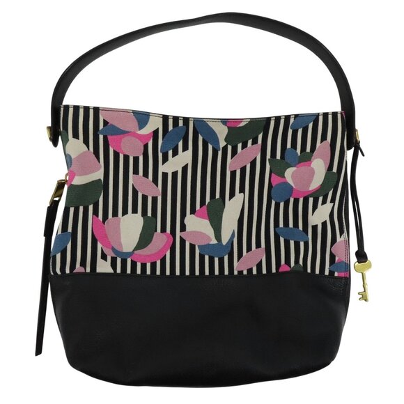 Fossil Maya Hobo Black Pebbled Leather Stripe Flower Floral Canvas Shoulder Bag - Picture 1 of 16